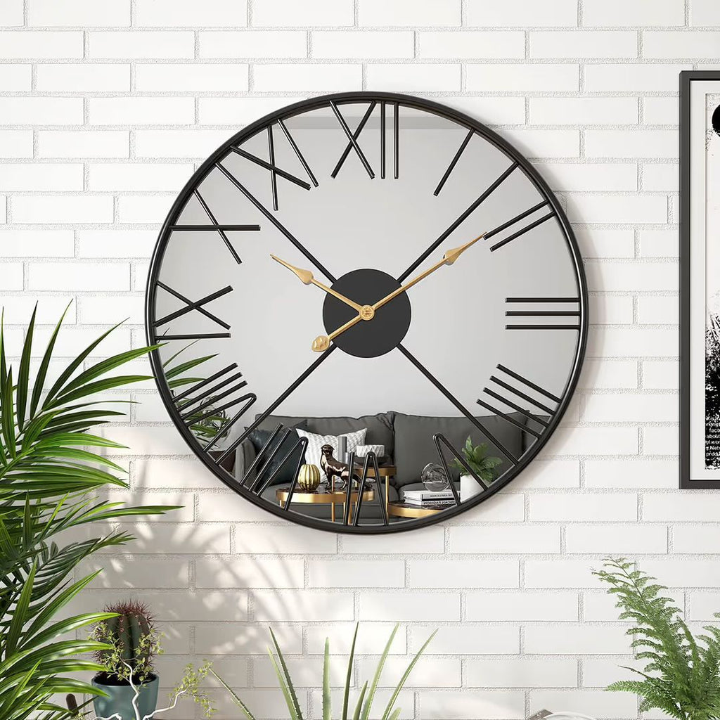 Large Modern Mirror Wall Clock – Black