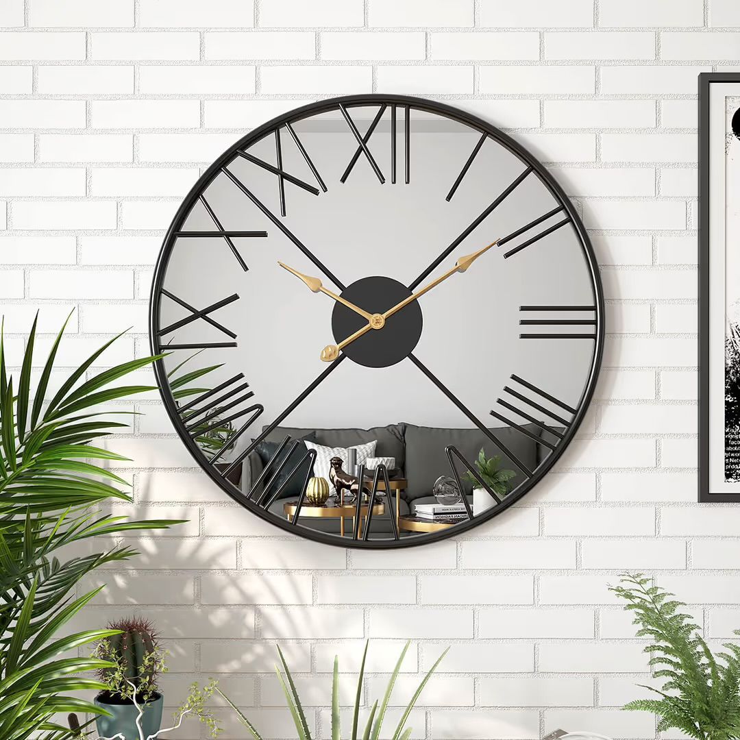 Large Modern Mirror Wall Clock – Black