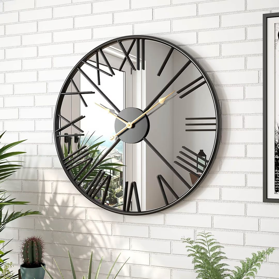 Large Modern Mirror Wall Clock – Black