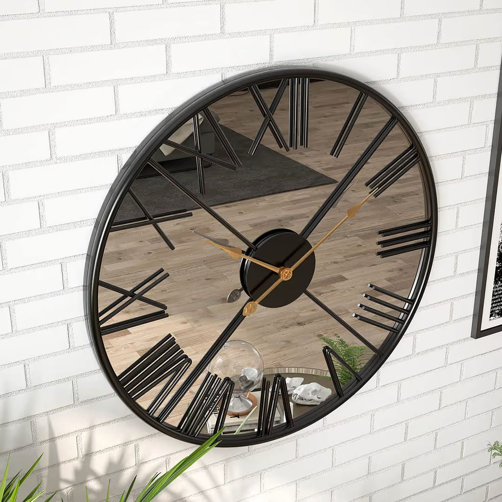 Large Modern Mirror Wall Clock – Black